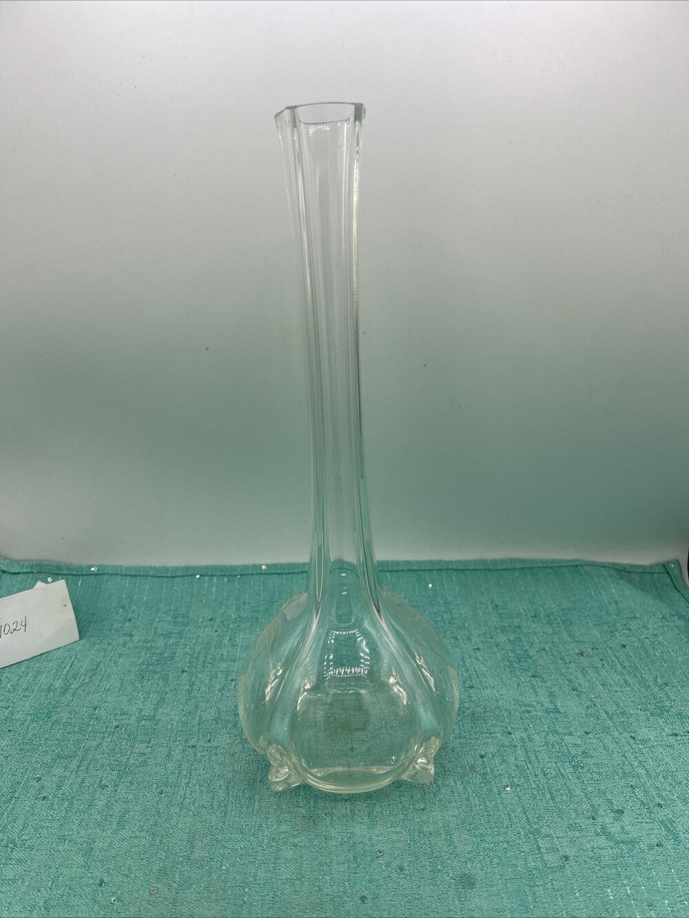 Italian 1940s long neck crystal vase with fluted Neck And Bubble Base